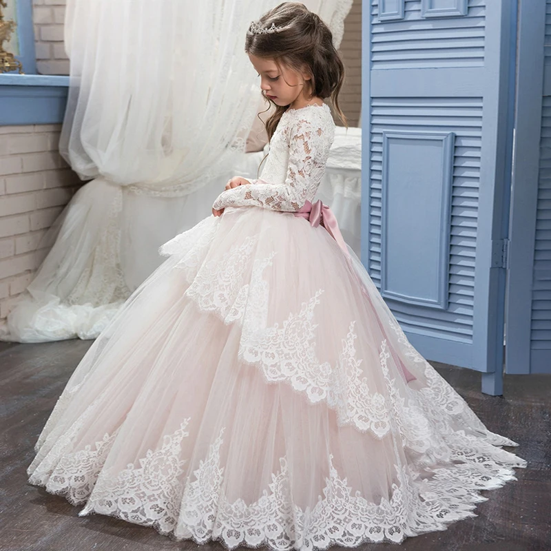 Long Sleeves Lace Blush Pink Baby Girl Summer Clothes Kid Dresses Toddler Girl Ball Gown For Wedding Party vestidos de comunion