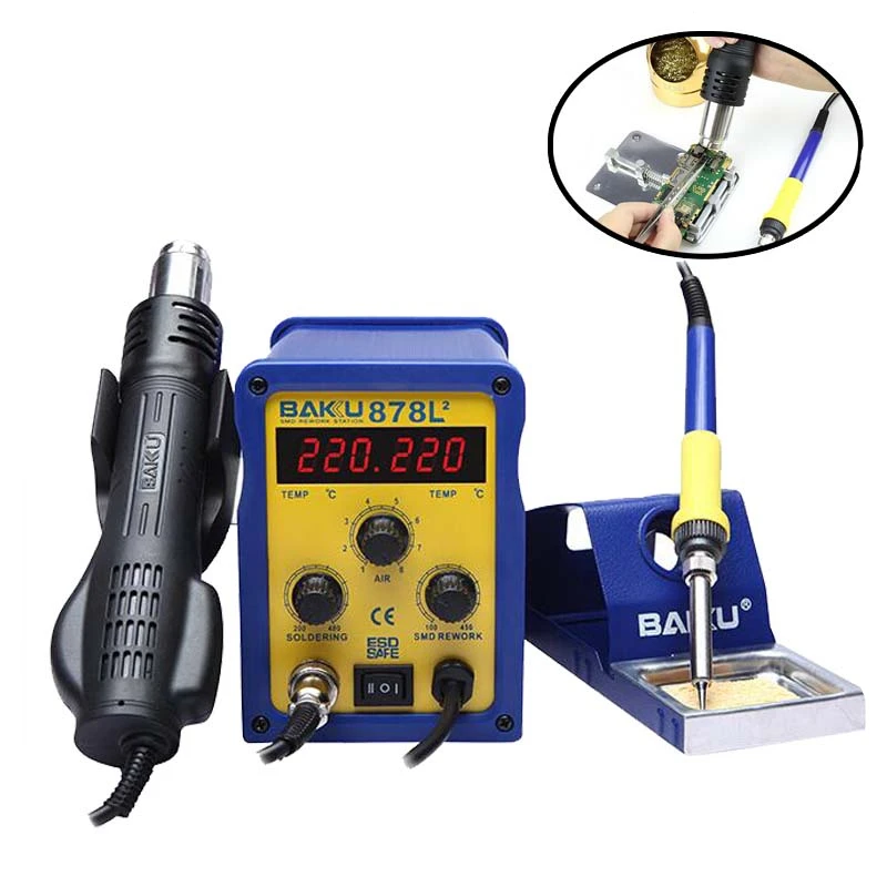 Digital Display SMD Brushless Heat Air Rework Station 2 in 1 Soldering Iron Hot Gun Cell Phone IC Repair Station BK-878L2