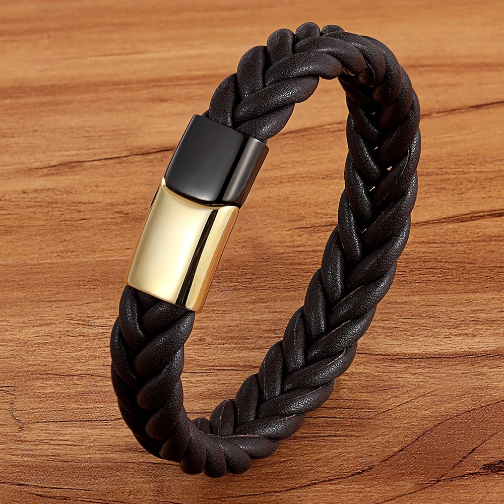 TYO Fashion Stainless Steel Magnetic Clasp Braided Genuine Leather Wristlet Men's Bracelets Punk Jewelry 19/21/23cm Wholesale