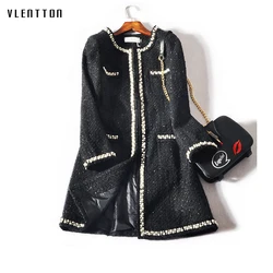 Women's Long Sleeve Trench Coat with Pearls, Long Tweed Coats, Windbreaker, Plus Size, Autumn, Winter, New, 2025