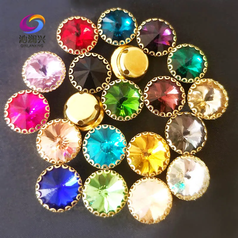 12mm Round Shape Glass Crystal Lace Claw Rhinestones, Golden Base Sew on Stone, Used for Needlework, Clothing Accessories