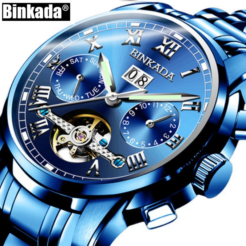 Reloj mecánico automático para hombre, cronógrafo Masculino de lujo, con esqueleto de BINKADA y Tourbillon, con función informal, deportivo, a la moda