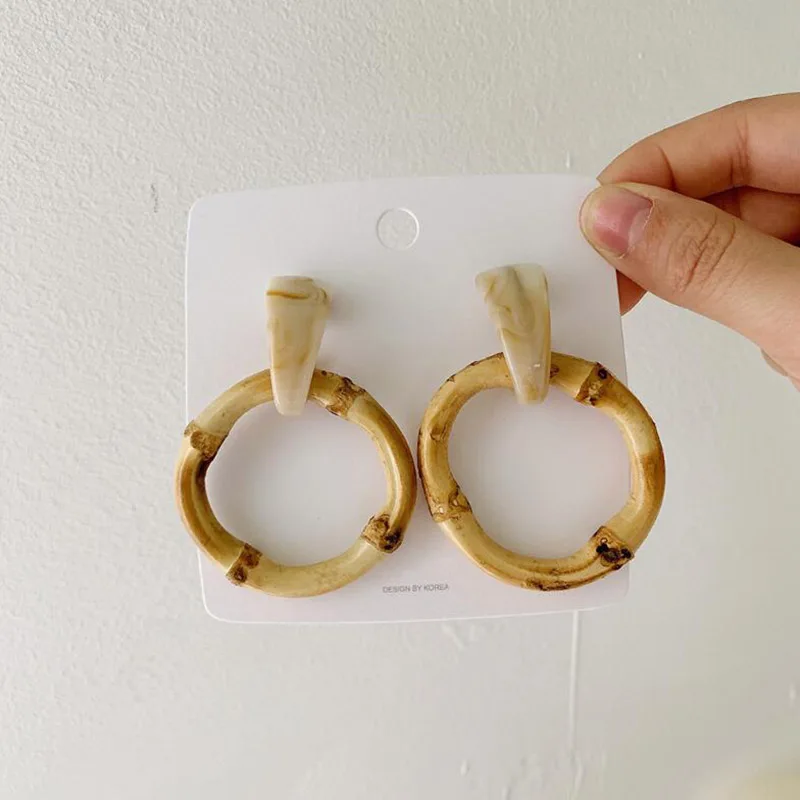 2019 New Large Round Pendant Drop Earrings Exquisite Natural Bamboo Exaggerated Circle Statement Earrings For Women Jewelry Gift