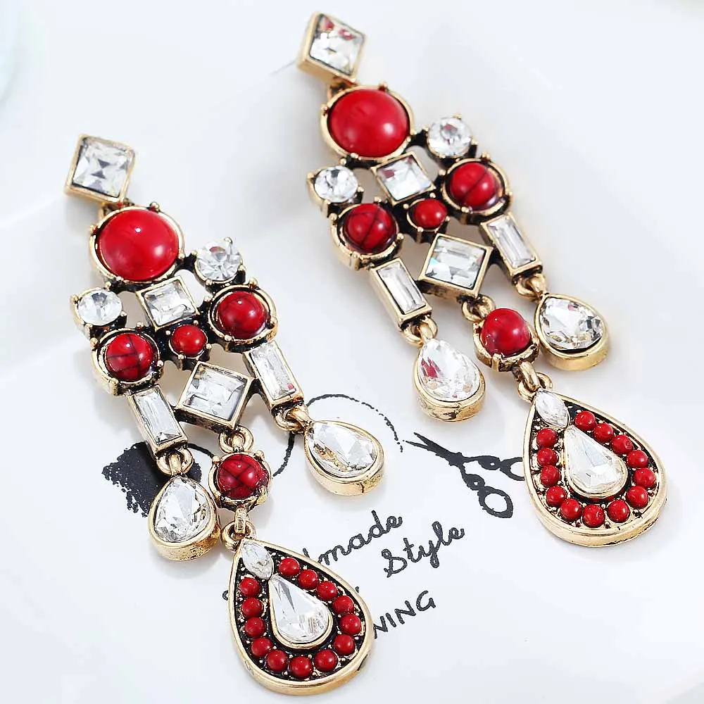 YaYi White Glass Rhinestone Red Kallaite Beads Dangle Earring Women's Fashion Ancient Gold Earrings gems Earrings For Women Girl