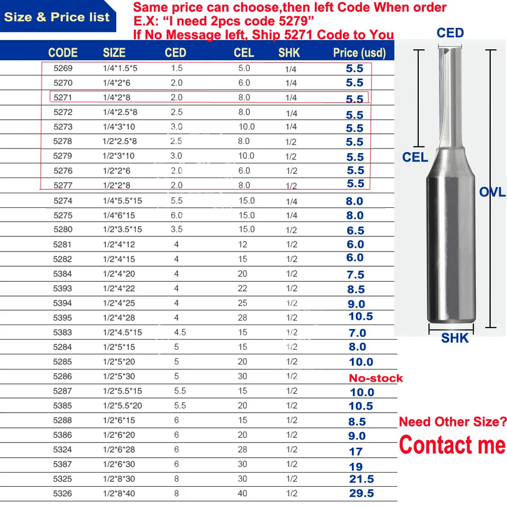 1pc 1/4*2*8 mm Straight Flute cutter Wood Slotting Tools milling woodworking CNC engraving router Slot bit 6.35mm shank 12.7 1/2