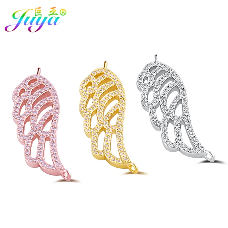 Juya DIY Jewelry Fittings Material Copper Cubic Zirconia Angel Wings Charm Connectors For Handmade Women Bracelet Earring Making