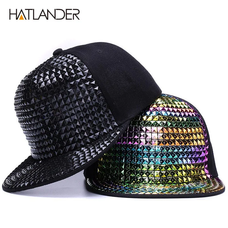 [HATLANDER]Personality sequins baseball caps flat brim outdoor hats girls boy bling Punk snapback cap Jazz Rock cool hip hop cap