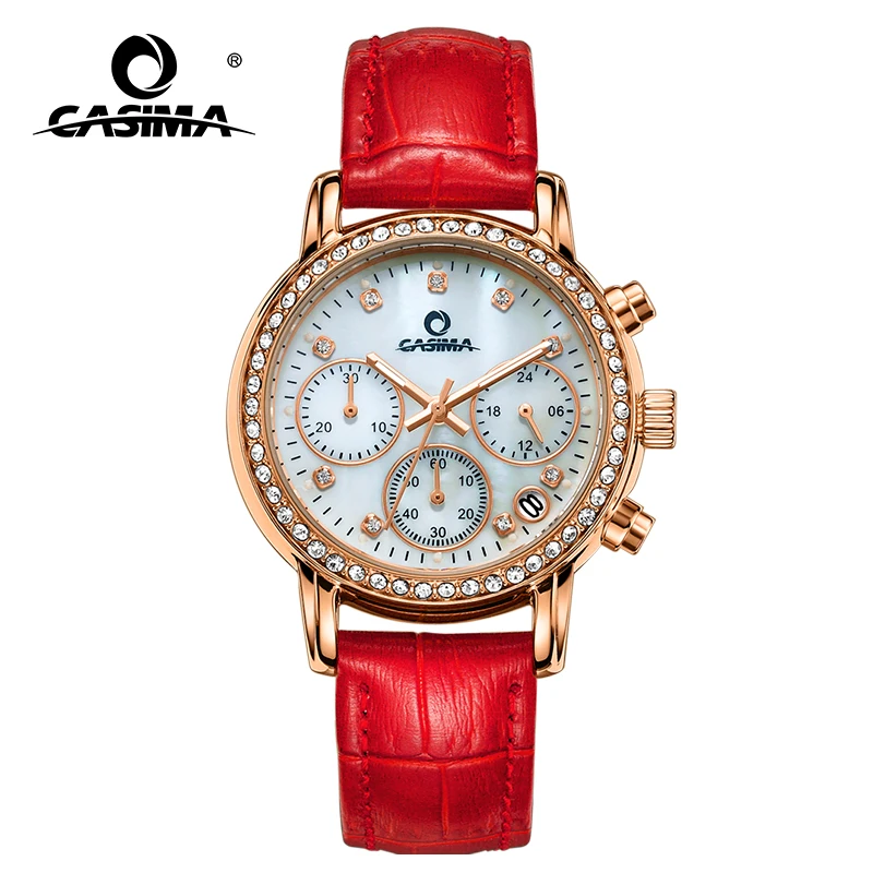 

Fashion Luxury Brand Watches Women Elegant Leisure Gold Crystal Women's Quartz Wrist Watch Red Leather Waterproof CASIMA #1010