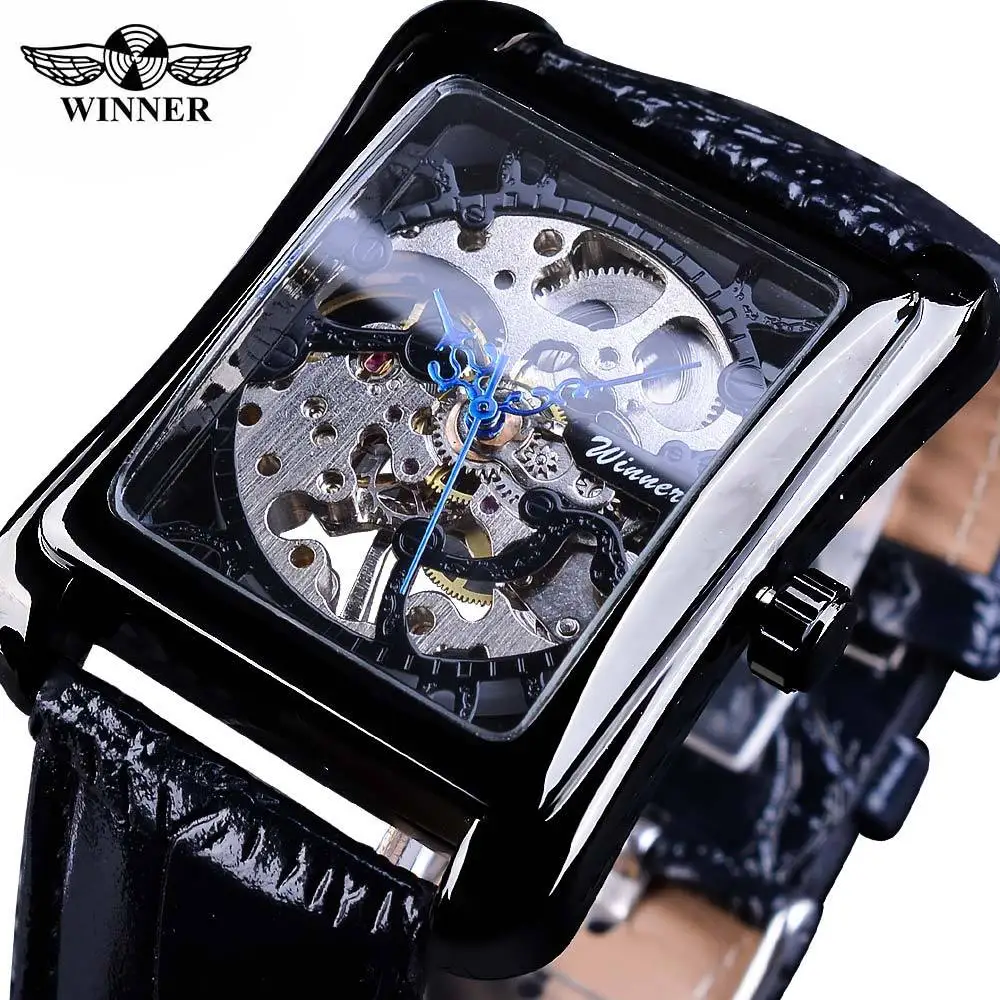 2018 Winner Brand Retro Casual Series Rectangle Dial Design Golden Pattern Hollow Skeleton Watch Men Top Brand Luxury Mechanical