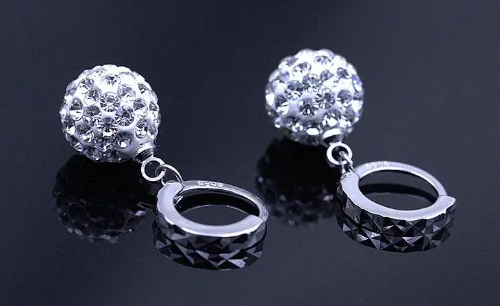 925 Silver Needle Fashion Shiny Crystal Shambhala Ball Ladies Drop Earrings Jewelry Women Birthday Gift Anti Allergy