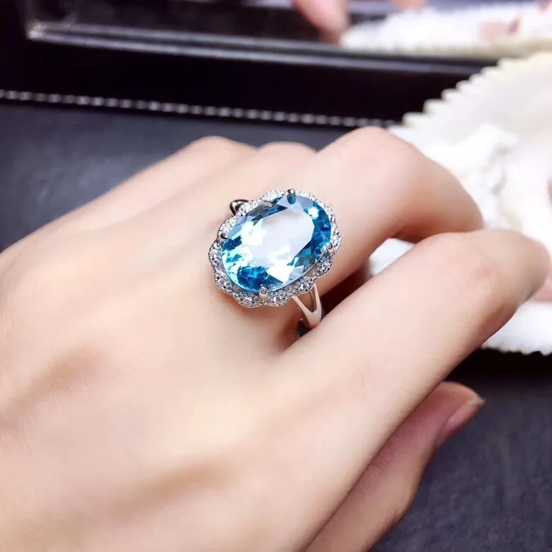 Big Size Clear Sky Blue Topaz Gemstone Ring for Women Jewelry Real 925 Silver Natural Gem Birthstone Scorpio Gift