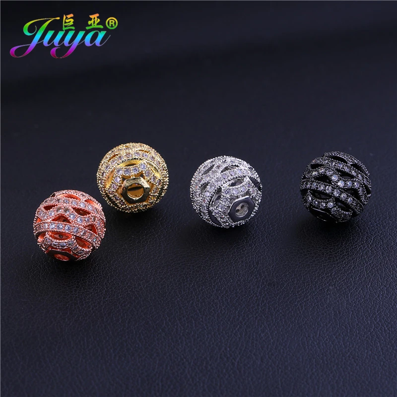 Juya DIY 12mm Charm Beads Supplies Micro Pave Zircon Hollow Metal Ball Beads Accessories For Natural Stones Beads Jewelry Making