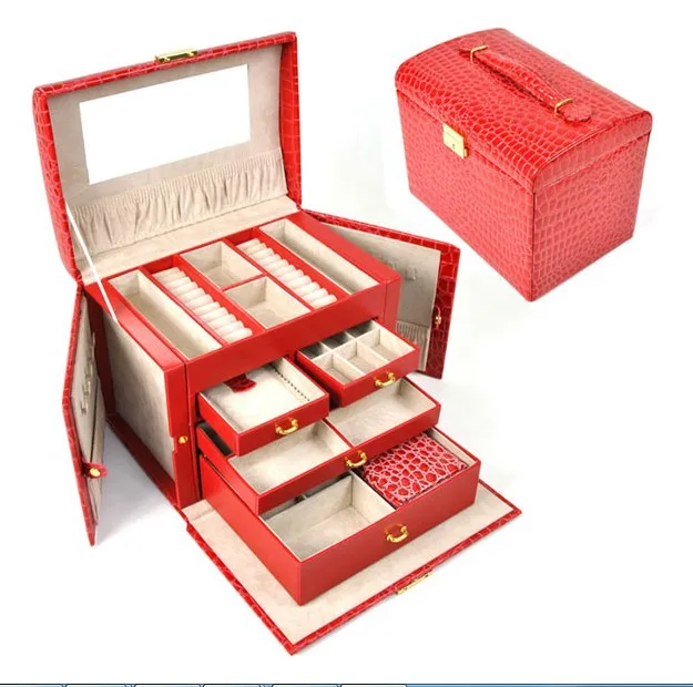 

Free shipping Large 4 layer space luxury pu jewelry box,earrings necklace pendant jewelry display shelf packing red gift box