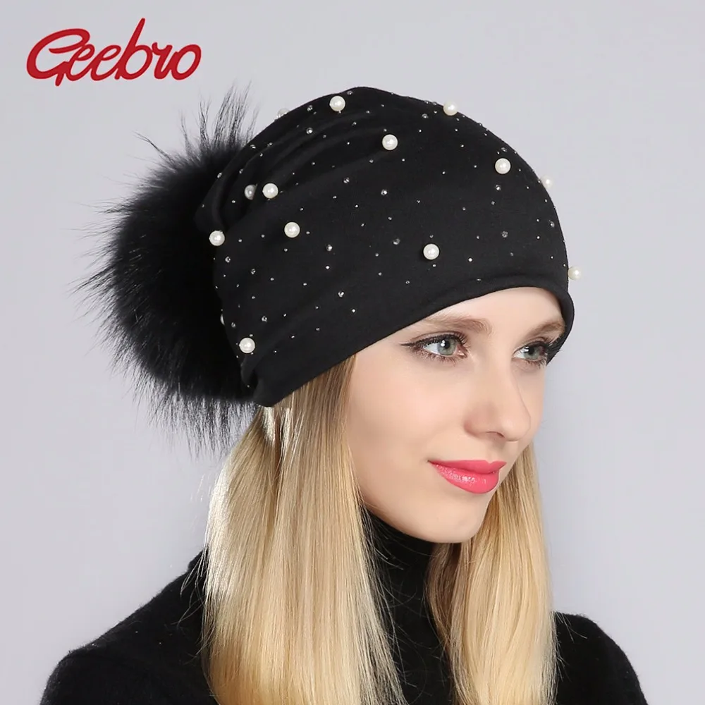 Geebro Brand Women\'s Pom Pom Pearl Beanie Hat Spring Casual Polyester Shine Rhinestones Beanies For Women Skull Hats Bonnet Cap