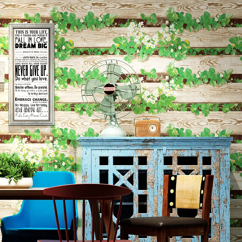 

Rustic Green Plant Flowers Wood Strip Wall Papers Home Decor Waterproof Fence Wallpaper Roll for Walls Mural papel tapiz