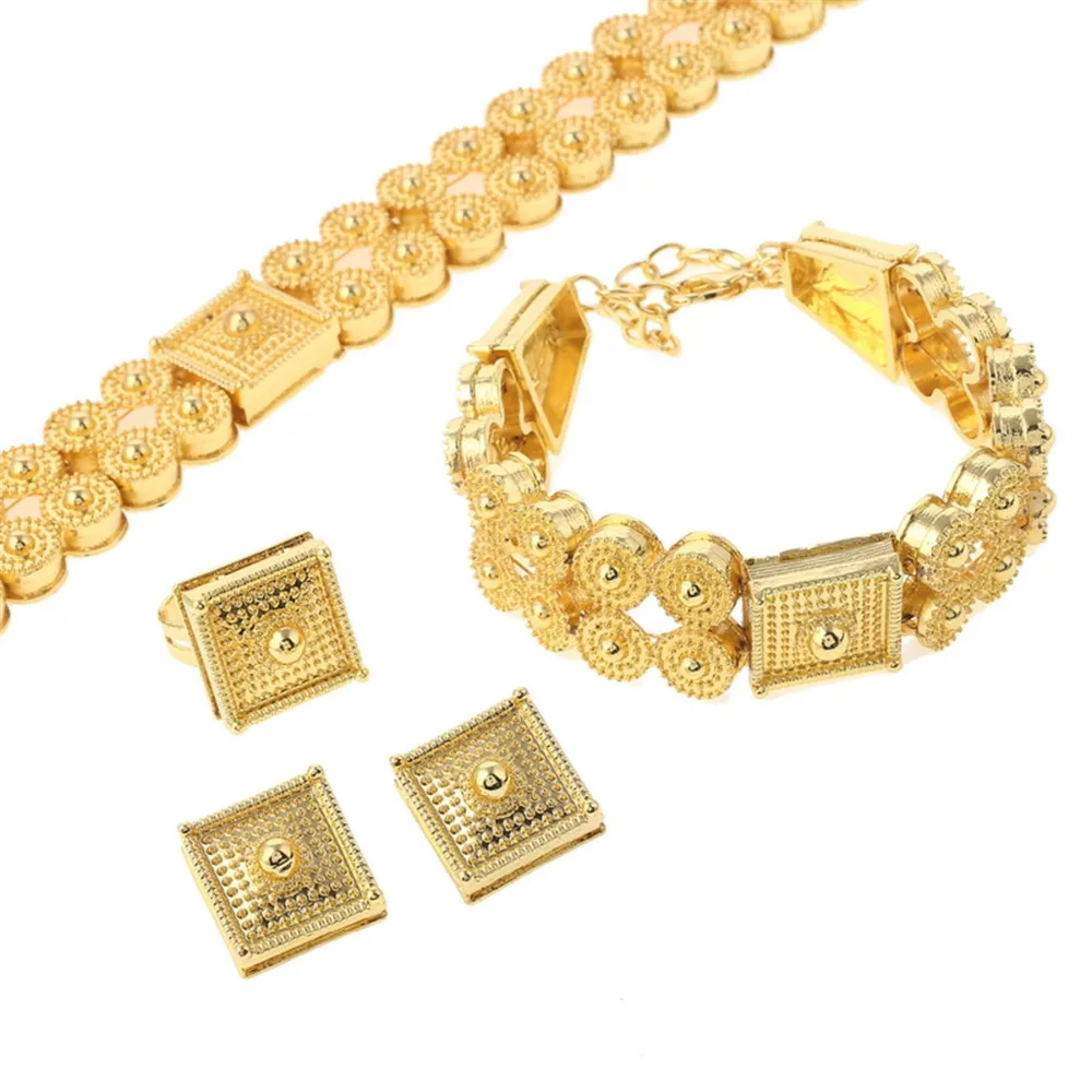 Ethiopian Jewelry Set Gold Color Chokers Necklace Bracelet Earrings Ring For Women Eritrea Habesha African