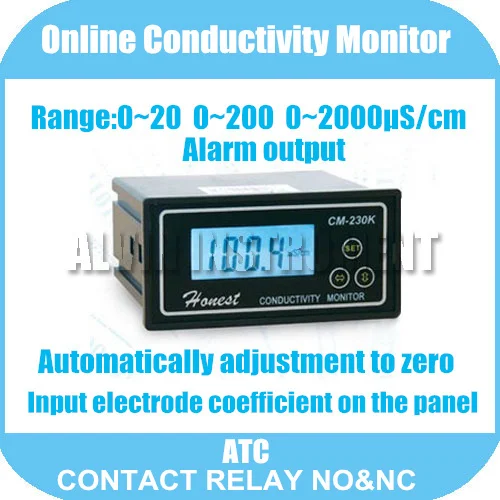 

Online Conductivity Monitor Tester METER Analyzer Contact relay NO&NC 0-2000us/cm Error:2%F.S ATC Alarm output Free Shipping