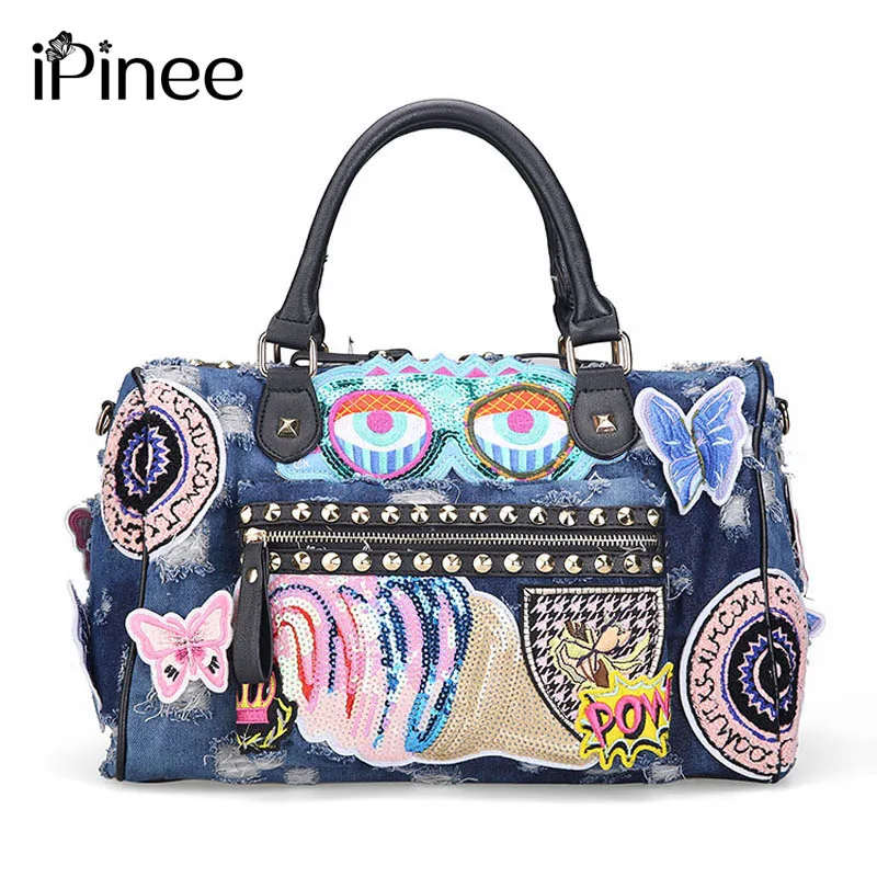 iPinee New Women Luggage Travel Bags Cute Cartoon Daypack Denim Bags Handbags Fashion Shoulder Bag Female
