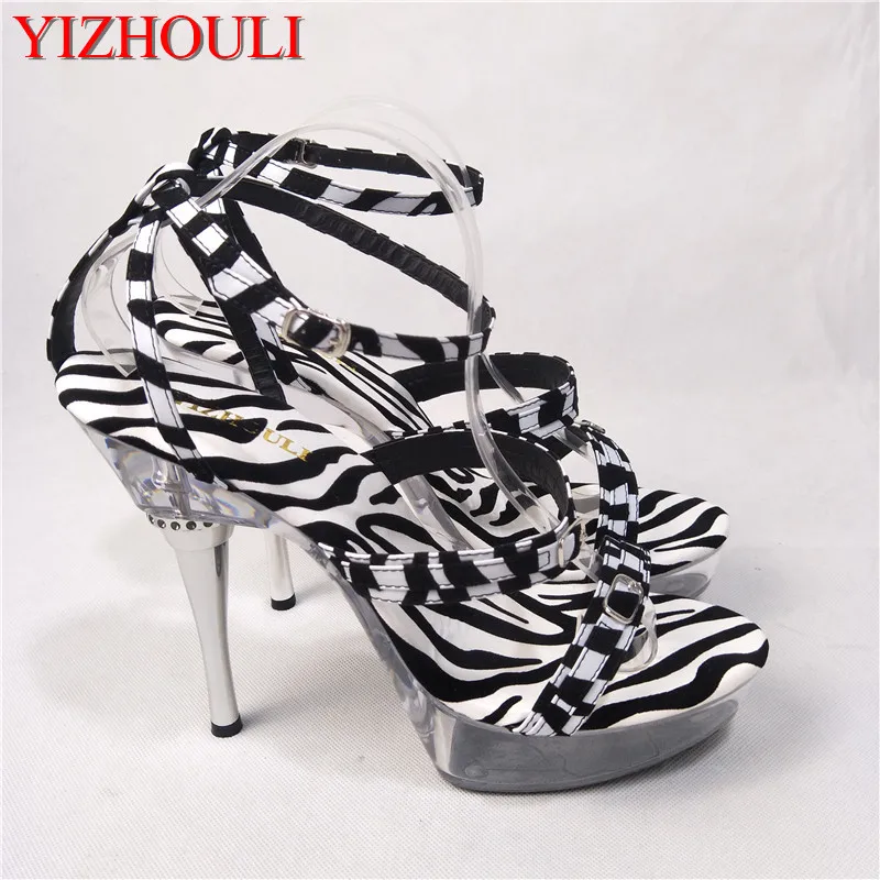 Classic Zebra Pattern Temptation Sandals Ultra Thin High Heels Platform Shoes 5 Inch Sexy Crystal Shoes