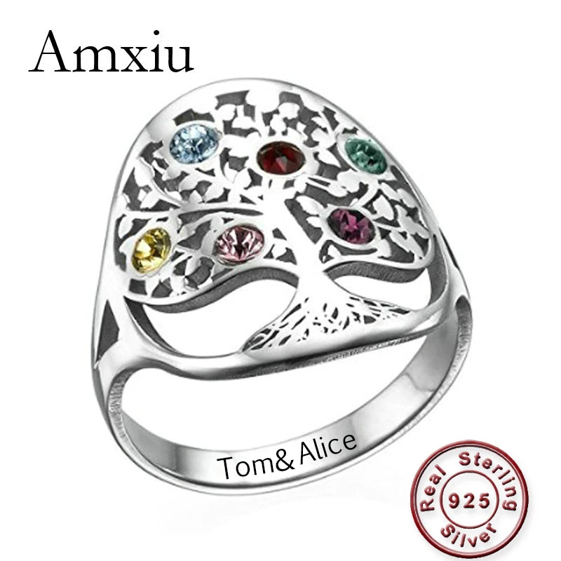 Amxiu Personalized Tree Ring with Birthstones Engrave Family Names Rings Customize 925 Silver Ring For Women Mother Gift Jewelry