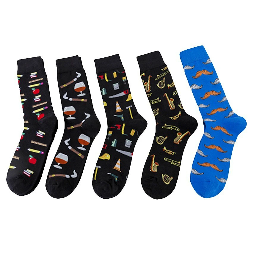 Novelty Men's Cotton Funny Socks Harajuku Creative Book Beard Pattern Happy Socks Dress Wedding Casual Socks Clacetines Hombre