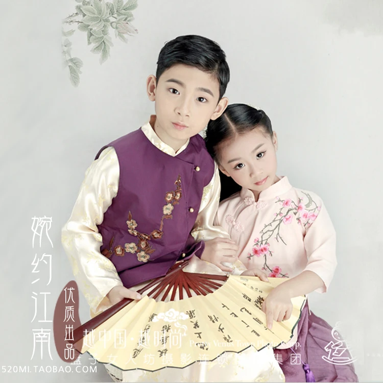 Suo Qing Qiu Chinese Republican Period Little Boy and Little Girl Costume  Hanfu Photography Use Stage Performance