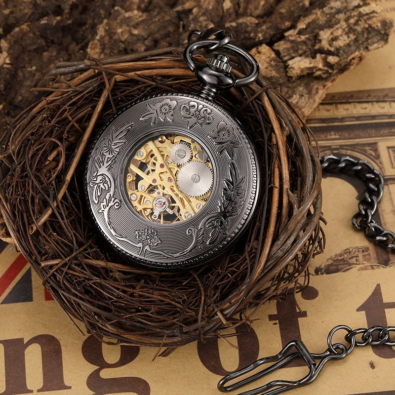 2021 Vintage Black Gold Mechanical Watch Hand Wind Mechanical Pocket Watch Roman Numerals Skeleton Fob Chain Men Male Watch