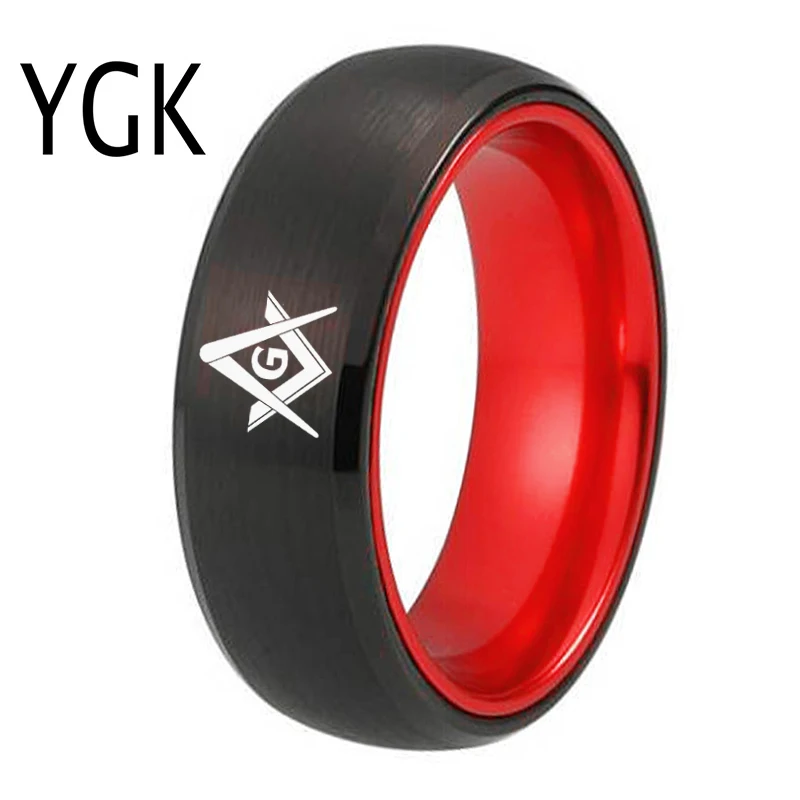 YGK Wedding Jewelry Ring For Masonic Mason Men's  Black Tungsten with Red Anodized Aluminum Inlay Ring