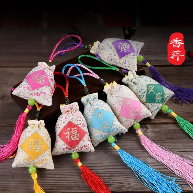 Car Hanging Lavender Sachet Bag Traditional Chinese Folk Art Word Printed Tassels Medicine Spice Fragrance Mascot Decoration Ran