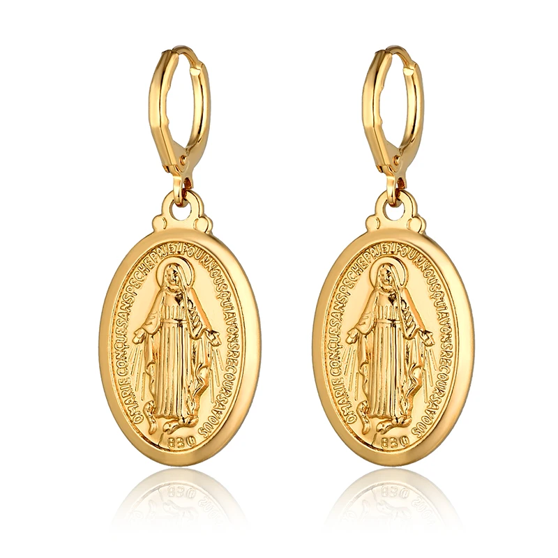 Gold Color Virgin Mary Cross Drop Dangle Earrings For Women Wholesale Ladies Earrings Religious Christian Jewelry Brincos