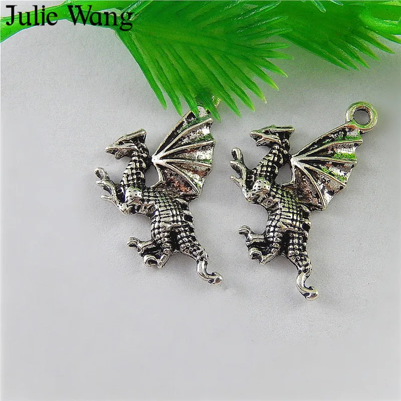 Julie Wang 20pcs Alloy Dragon Charms Antique Silver Color For Necklace Pendants Findings Jewelry Making Hanging Accessory