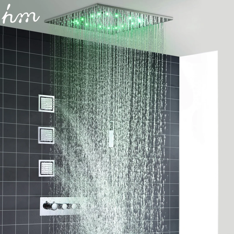 hm Ceiling LED Shower System Set 20Inch Tempetatures Change Bathroom Rainfall Showerhead Body Jets Thermostatic Mixer Faucet