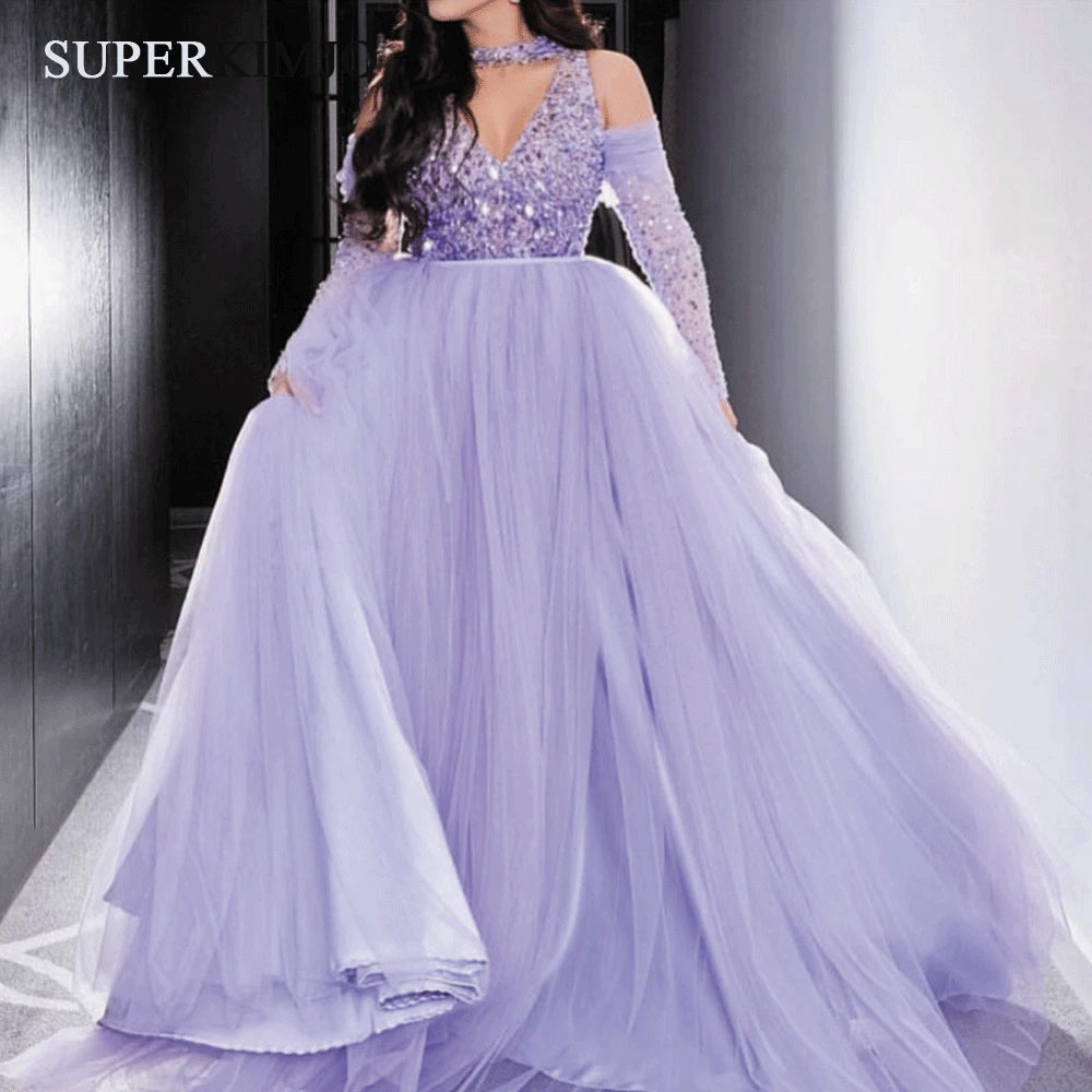 SuperKimJo Robe De Cocktail Femme Purple Beaded Prom Dresses Long A-Line Crystals Sparkly Tulle Prom Gown Abendkleider