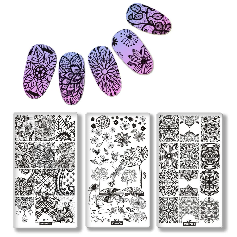 Mezerdoo 1Pcs Nail Stamping Plates Rectangle Lace Skull Design Stamping Tool Set DIY Nail Template Manicure Stamp Image Plates