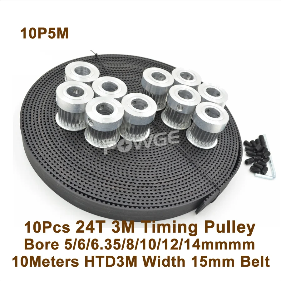 

POWGE 10pcs 24 Teeth 3M Timing Pulley Bore 5/6/6.35/8/10/12/14mm + 5meters HTD3M Belt W=15mm 24T 24Teh 3M Timing Belt Pulley