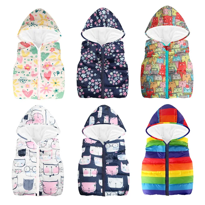 Boys Girls Autumn Winter Cartoon Pattern Hooded Sleeveless Garment Zipper Vest