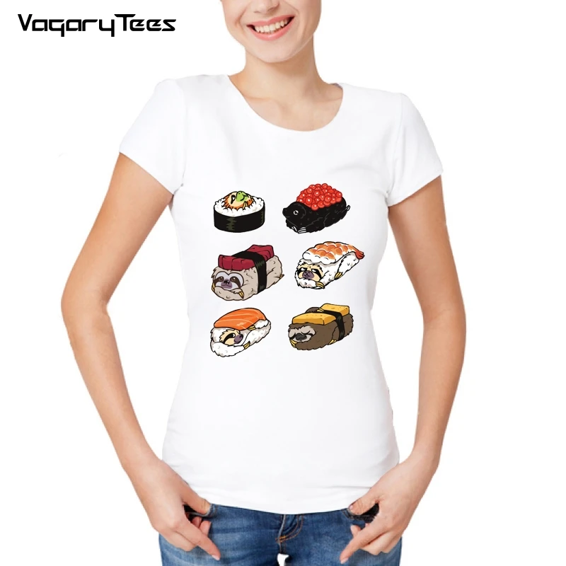 Funny Creative Sloths/Cat/Frenchie Pug Sushi Design T-Shirt Fashion Animal Food Printed T Shirt Women Novelty Hipster Tee Tops