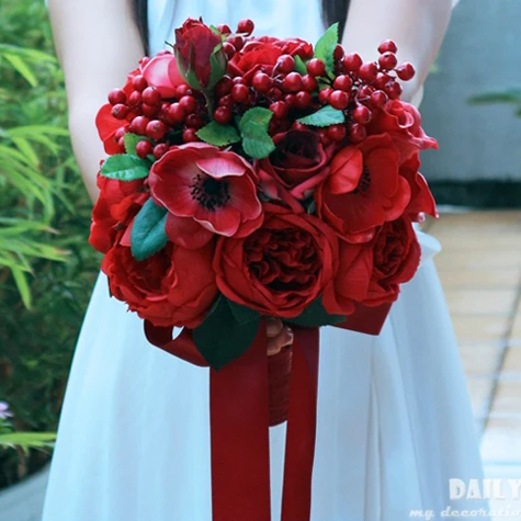 

Artificial red rose berry red fake peony silk flower wedding bride / bridal bouquet Bridesmaid holding flower for wedding party