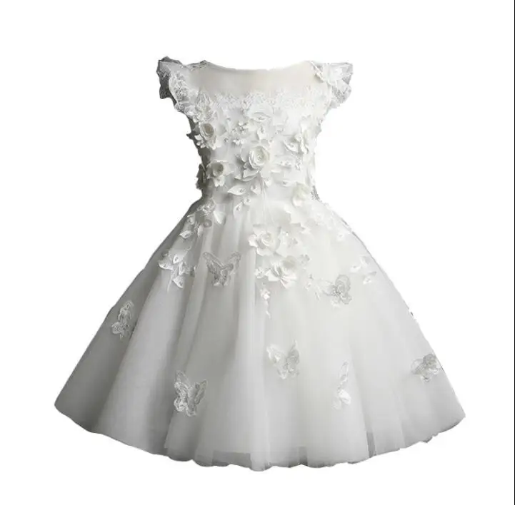 

Exquisite Short Sleeve Lace Appliques Flower Girls Formal Wedding Dress Kids Bead Evening Party Princess Birthday Holiday Dress