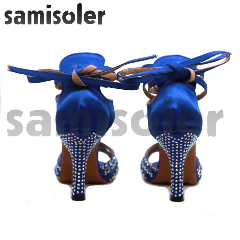 Samisoler Bule 2018 New Latin Dance Shoes Salsa Woman Satin  Soft Bottom Fashion Dance Sandals Rhinestone Ballroom Shoes