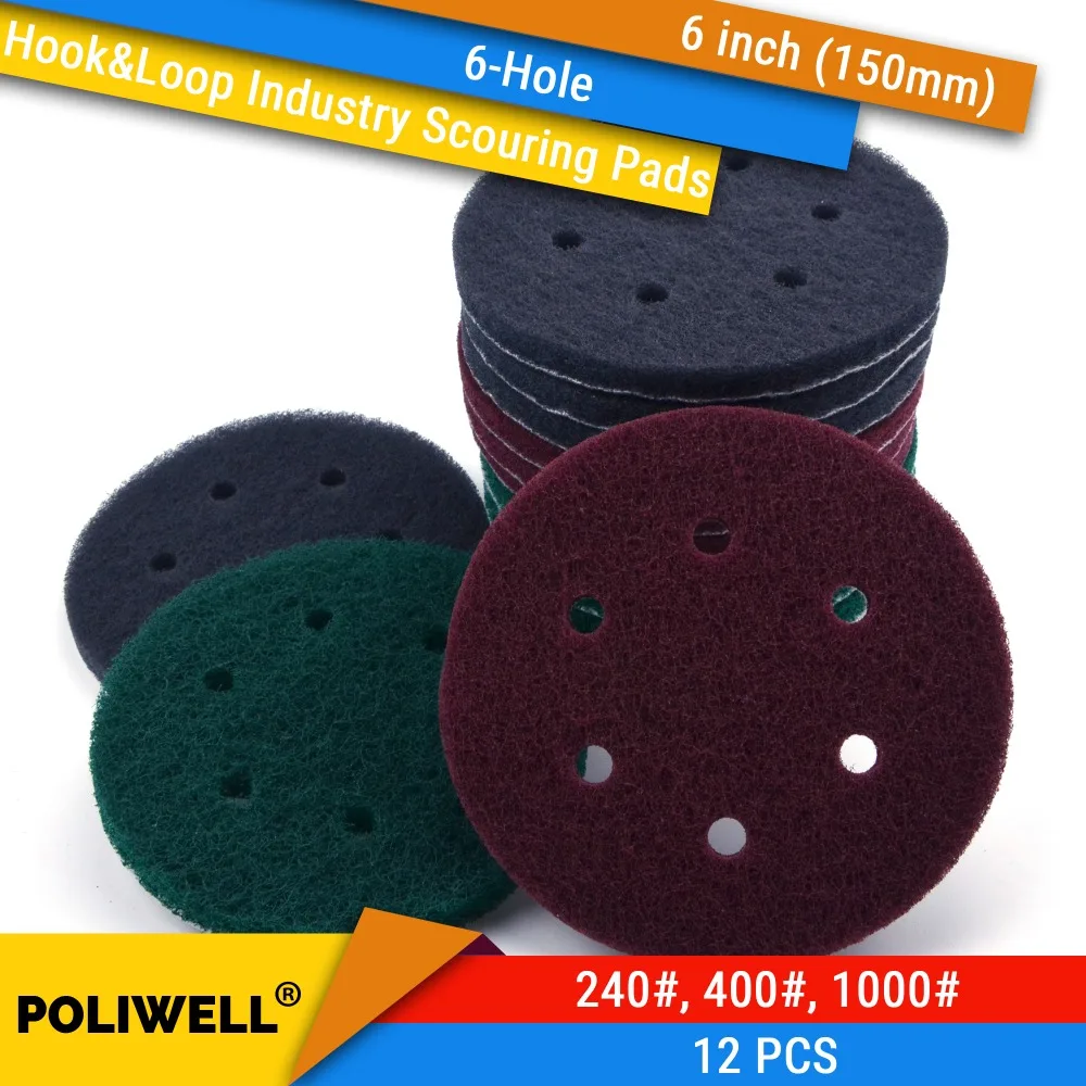 12PCS 6 Inch(150mm) 6-Hole Round Hook&Loop Industrial Scouring Pads Heavy Duty 240#/400#/1000# Nylon Polishing Pad for Cleaning