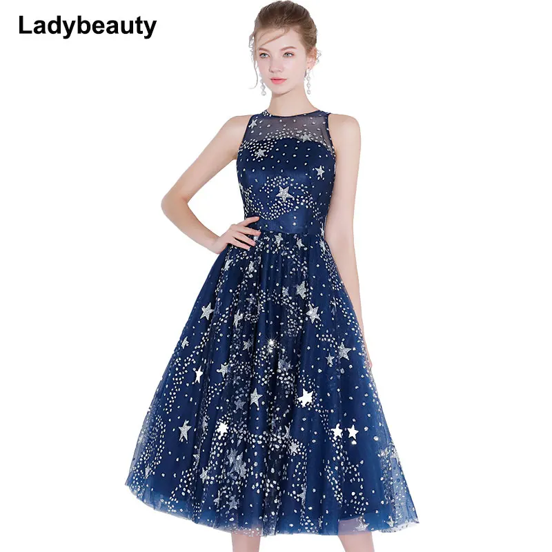 Customized Short Cocktail Dress Blue Star Shines Sleeveless High-necked Party Gown Formal Dresses Robe De Soiree