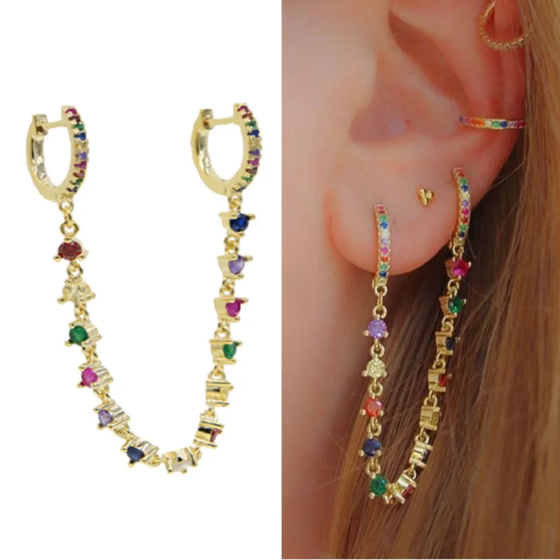 Double piercing 2 hole earring luxury gorgeous Rainbow Cz long tassel chain link huggie hoops fashion jewelry