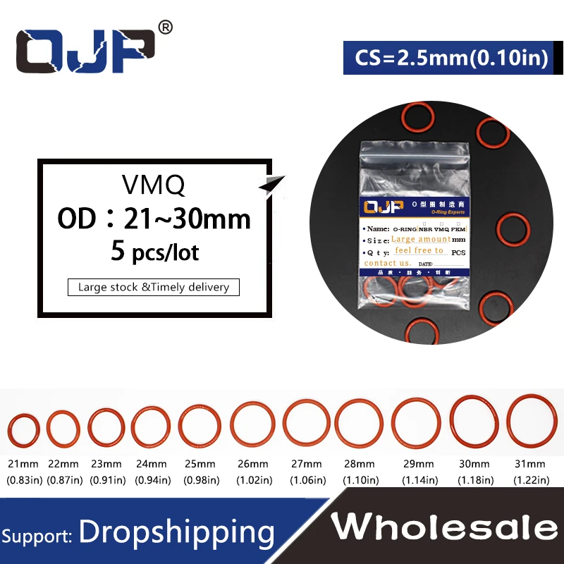 5PCS/lot Red Silicon Rings Silicone/VMQ O Ring OD21/22/23/24/25/26/27/28/29/30/31*2.5mm Thickness Rubber O-Ring Seal Gaskets