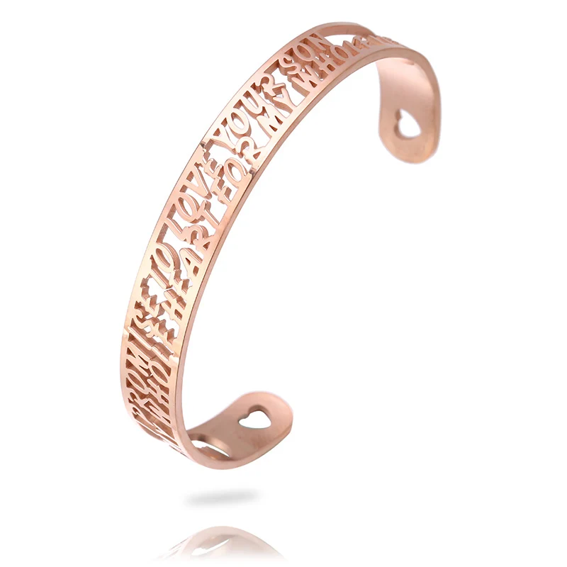 MYLONGINGCHARM Hollow Letter stainless steel Bracelet I PROMISE TO LOVE fashion open cuff inspirational Bangles M0285