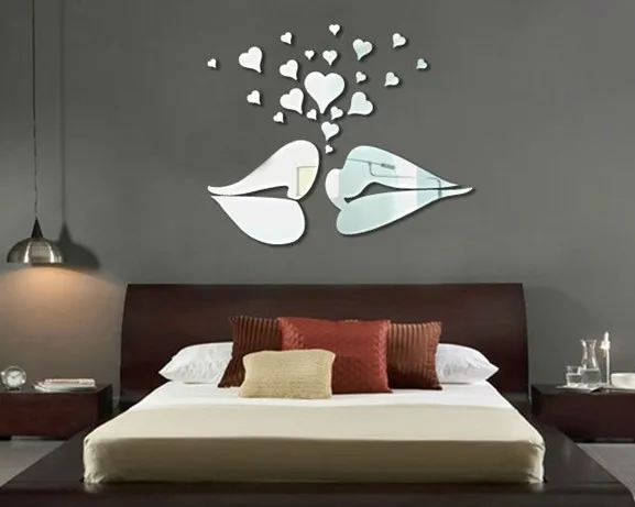 Free shipping   removeable kiss acrylic  mirror sticker with 28pcs heart  , 3D wedding wall mirror sticker