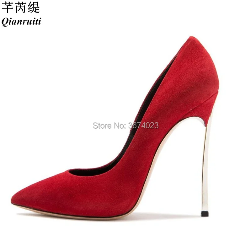 

Qianruiti Design Shoes Women Metal Blade Pumps Pointed Toe High Heels 12 cm Court Heeled Stilettos Red Beige Gold Silver Plus 43