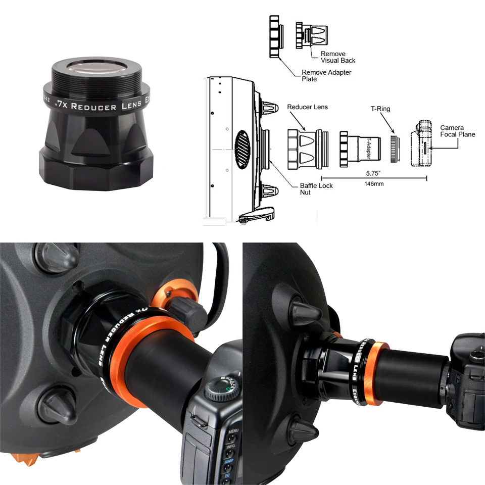 Imagem -05 - Celestron 0.7x Lente Redutor Astronômico Telescópio Acessórios para Borda Hd8 Hd11 Hd14