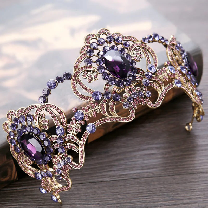 Baroque Purple Crystal Beauty Princess Crown Tiaras Magnificent Rhinestone Diadem for Bride Hairbands Wedding Hair Accessories