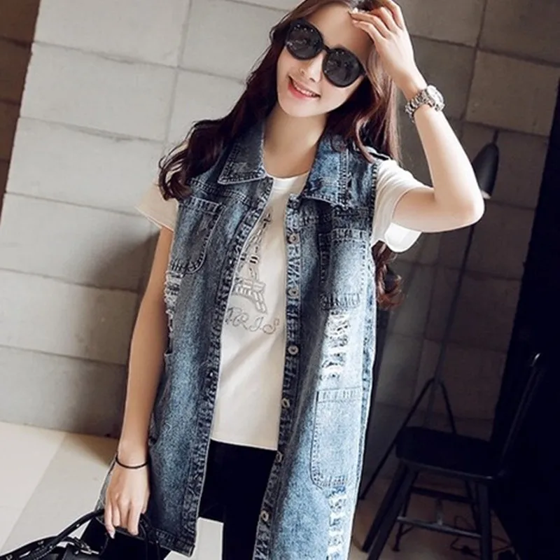 

Джинсовый жилет женский, длинный жилет с дырками, весна-лето 2019 г., размера плюс